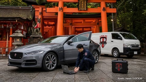 Mechanic working on a luxury sedan in a Japanese temple courtyard with orange torii gates and a service van in background