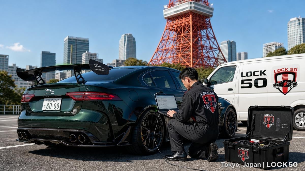 Man crouching beside blue sports car with Tokyo Tower in background. White LOCK 50 vehicle parked nearby.