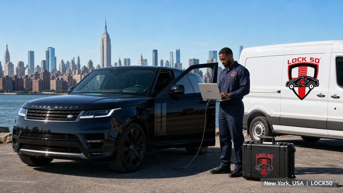 Locksmith professional standing beside black Range Rover with NYC skyline and service van in background