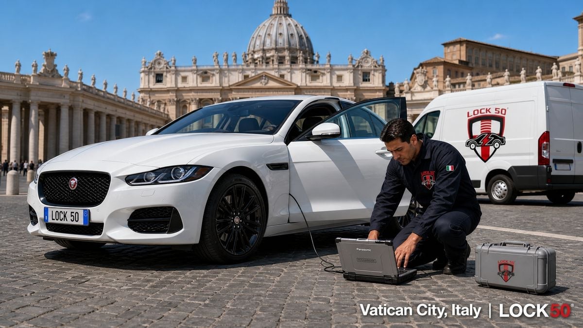 Technician crouching beside white Jaguar car in Vatican City square with St. Peters Basilica dome visible in background