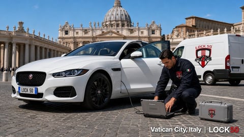 Technician crouching beside white Jaguar car in Vatican City square with St. Peters Basilica dome visible in background