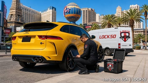 Mechanic crouching beside a yellow sports car with Las Vegas cityscape and Stratosphere tower in background