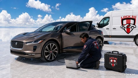 Technician servicing a gray Jaguar I-PACE electric vehicle with LOCK50 service van and equipment on salt flats