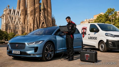 Man unlocking a blue electric car with Sagrada Familia basilica and white van in background, Barcelona Spain
