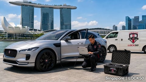 A man leaning against a silver Jaguar sports car in Singapore with Marina Bay Sands and city skyline in the background