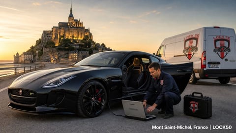 Man working on laptop beside black sports car with Mont Saint-Michel castle and delivery van in background at sunset