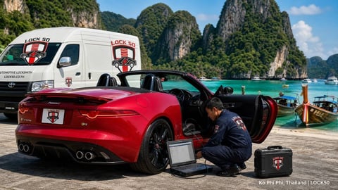 Mechanic servicing red sports car with ambulance and turquoise tropical waters in background