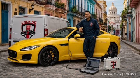 Man in dark jacket standing by bright yellow sports car with LOCK50 branding on white van in colonial Havana street setting