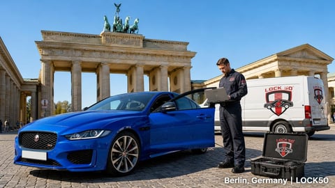 Man in black jacket standing next to blue Jaguar sports car with Brandenburg Gate in background, Berlin Germany