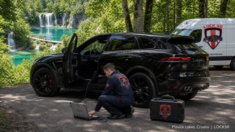 Locksmith technician working on black Porsche Cayenne with open door near turquoise lake and forest in Croatia