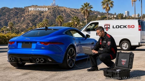 Technician in black uniform examining blue sports car with Hollywood sign and palm trees visible in background