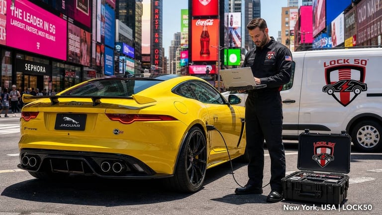 Man in black leather jacket standing beside bright yellow sports car in Times Square, New York City