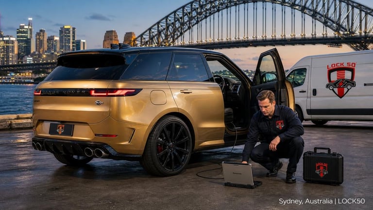Gold Range Rover with open door and person crouching beside it near Sydney Harbour Bridge, Australia