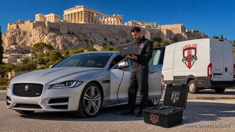 Man stands beside luxury silver Jaguar sports car with Parthenon temple visible on hilltop in Athens background