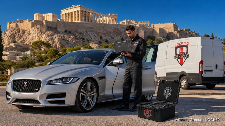 Man stands beside luxury silver Jaguar sports car with Parthenon temple visible on hilltop in Athens background