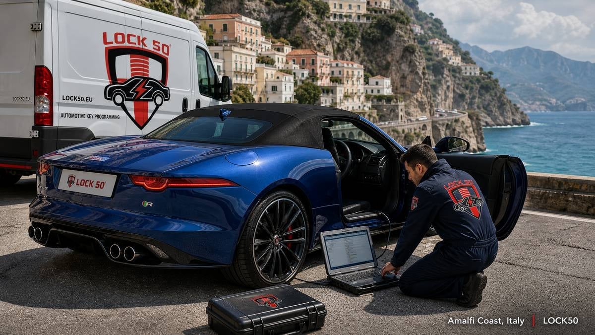 Mechanic diagnosing blue Jaguar sports car with diagnostic equipment by Mediterranean coastal town