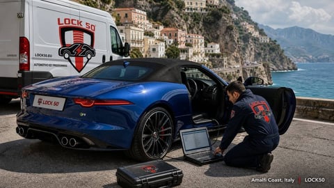 Mechanic diagnosing blue Jaguar sports car with diagnostic equipment by Mediterranean coastal town