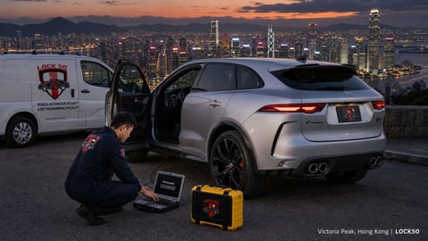 Technician working on luxury SUV at night with Hong Kong cityscape and waterfront illuminated in background